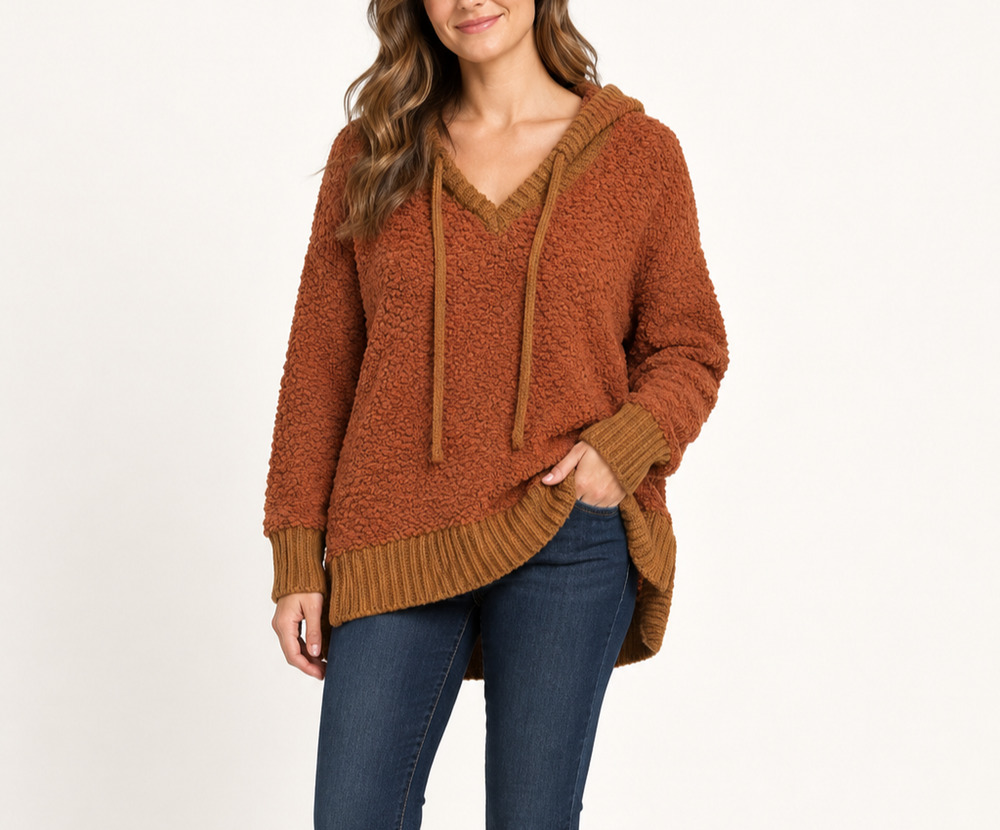 POL Women's L Rust Orange Popcorn Knit Hooded Sweater Oversized Boho POL 15